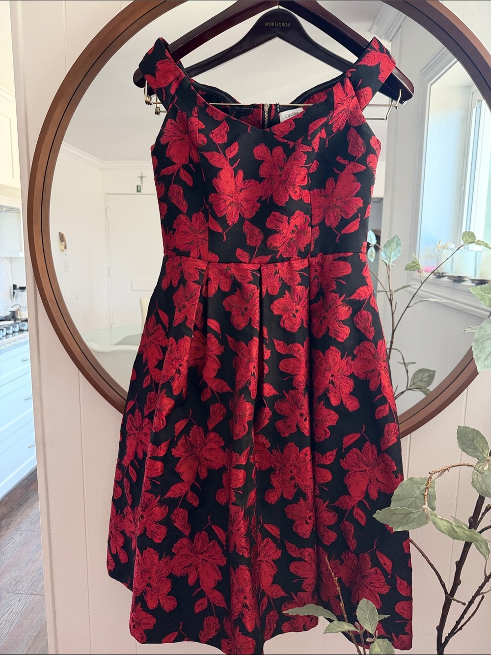 Calvin Klein Black Dress with Red Floral Jacquard Fit-and-Flare
